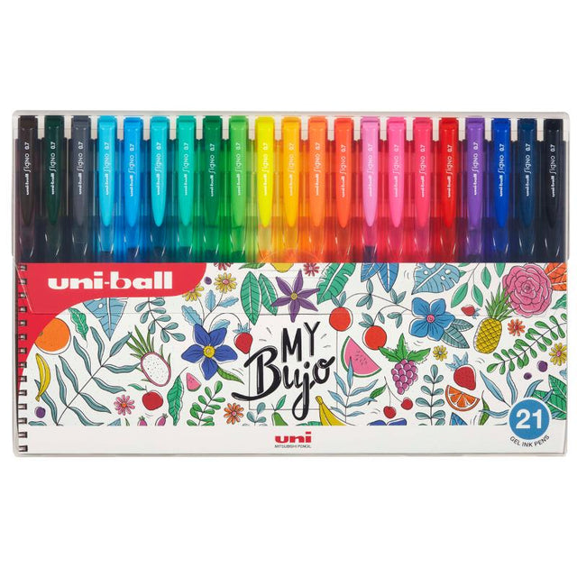 Assorted 21-pack Uni Signo RT1 0.7mm retractable pens with smooth gel ink and comfortable grip for precise writing.