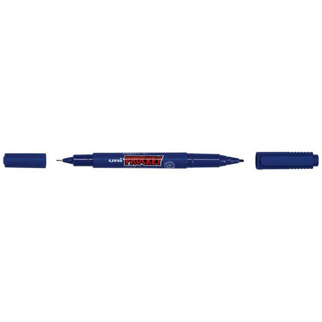 Uni Prockey Dual Tip Marker in blue with 0.4mm and 0.9mm tips, perfect for precise drawing and writing without bleed-through.