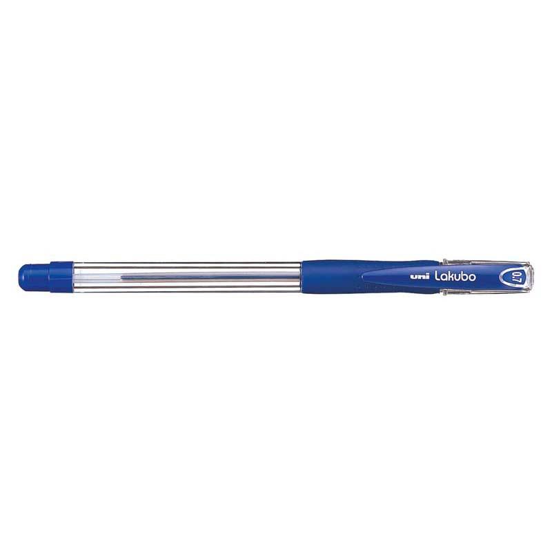 Uni Lakubo Capped Ballpoint pen in blue, featuring 0.7mm nib, rubber grip, and 'Free Flow' ink technology for smooth writing.