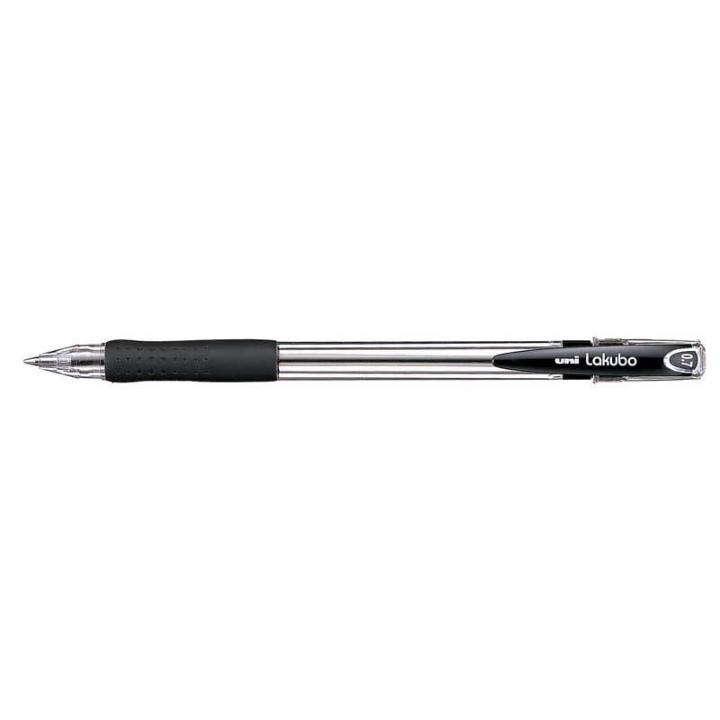 Uni Lakubo Capped Ballpoint pen with 0.7mm nib, black barrel, rubber grip, and 'Free Flow' ink technology for smooth writing.