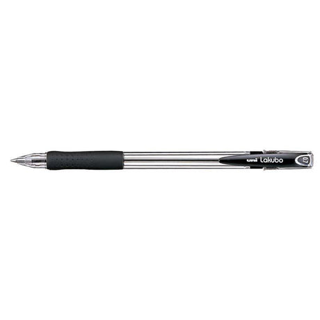 Uni Lakubo Capped Ballpoint pen with 0.7mm nib, black barrel, rubber grip, and 'Free Flow' ink technology for smooth writing.