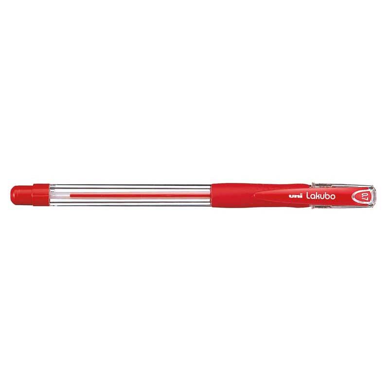 Red Uni Lakubo SG-100 retractable ballpoint pen with 0.7mm nib and rubber grip for smooth writing and note-taking.