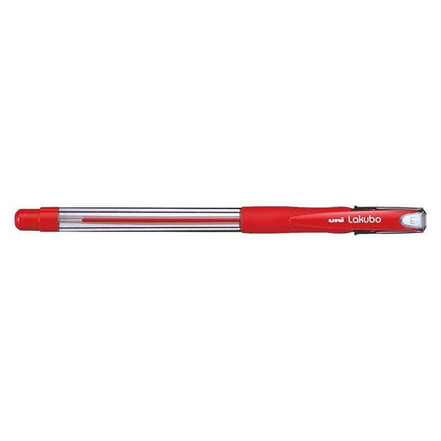 Uni Lakubo Capped Ballpoint Pen 1.0mm in red, features 'Free Flow' ink technology and a comfortable grip for smooth writing.