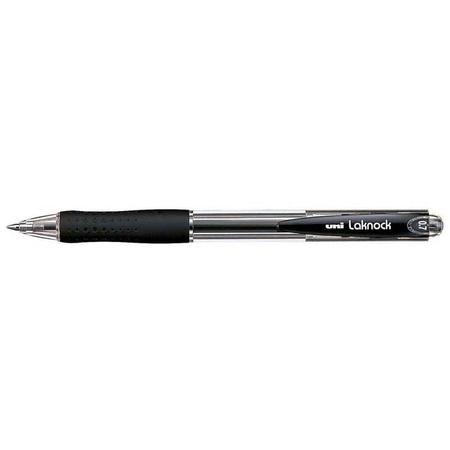 Uni Laknock 0.7mm retractable black pen with ergonomic grip and eco-friendly design for smooth, reliable writing.