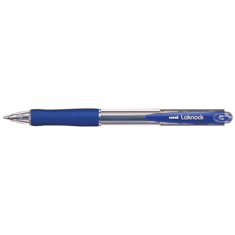 Uni Laknock 0.7mm retractable blue pen with free flow ink, rubber grip, and eco-friendly design for smooth writing.