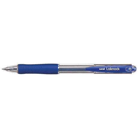 Uni Laknock 0.7mm retractable blue pen with free flow ink, rubber grip, and eco-friendly design for smooth writing.