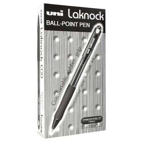 Uni Laknock 1.0mm retractable black pen with 'Free Flow' ink, rubber grip, and eco-friendly 70% recycled materials.