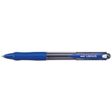 Uni Laknock 1.0mm Retractable Pen in blue, featuring 'Free Flow' ink technology and a comfortable grip, made from 70% recycled materials.