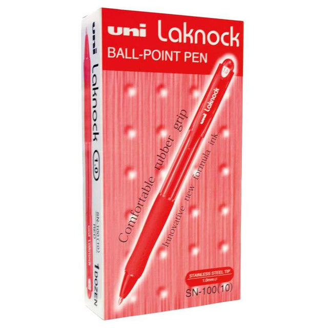 Red Uni Laknock 1.0mm Retractable Pen with eco-friendly design and comfortable grip for smooth, sustainable writing.