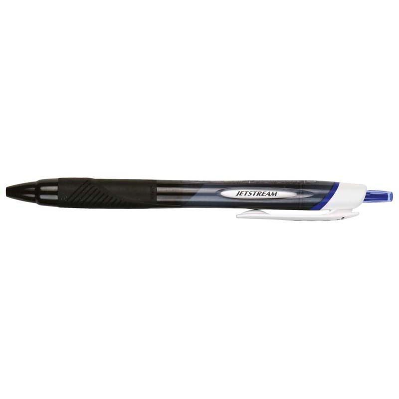 Uni Jetstream Sport retractable pen in blue, featuring a comfortable rubberized barrel and a smooth 1.0mm nib for precise writing.