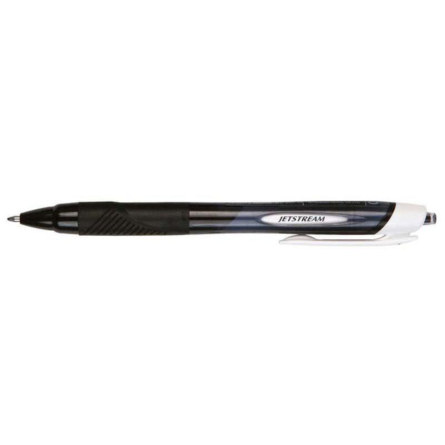 Uni Jetstream Sport Retractable Pen with 1.0mm black ink, featuring quick-drying, smudge-resistant technology and a rubber grip.