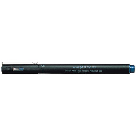 Blue 0.5mm Uni Pin Fineline marker with tough tip, designed for precise, waterproof artwork and detailed sketches.