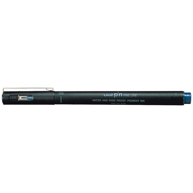 Blue 0.5mm Uni Pin Fineline marker with tough tip, designed for precise, waterproof artwork and detailed sketches.