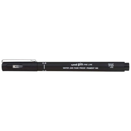 Uni Pin Fineline 0.8mm marker in black for precise art, writing, and crafts with waterproof, fade-proof ink.