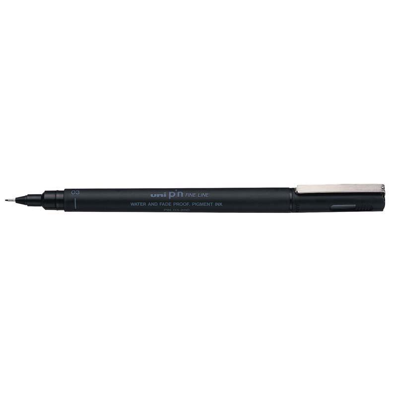 Uni Pin Fineline Permanent 0.3mm Black pen, featuring a durable tip for precise, fine line artwork with waterproof ink.