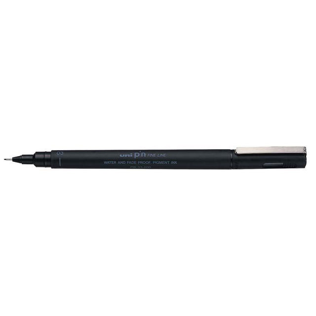 Uni Pin Fineline Permanent 0.3mm Black pen, featuring a durable tip for precise, fine line artwork with waterproof ink.