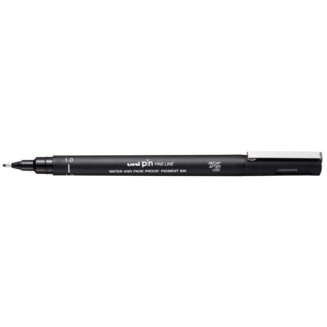 Uni Pin Fineline 1.0mm Black pen with water-resistant ink, ideal for precise illustrations and detailed sketches.