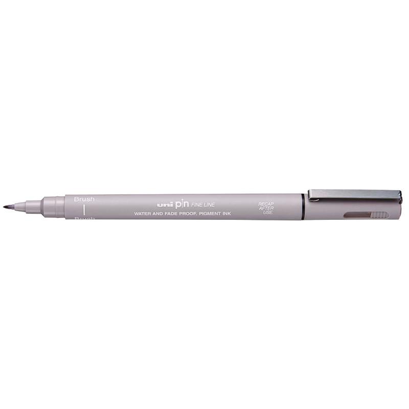 Uni Pin Fineline brush pen in light grey, featuring a smooth brush tip and waterproof, fade-proof ink for precise illustrations.