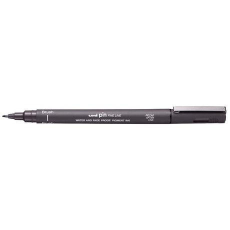 Uni Pin Fineline Permanent Brush Tip in Dark Grey, perfect for detailed art, features waterproof, fade-proof ink and a smooth flow tip.