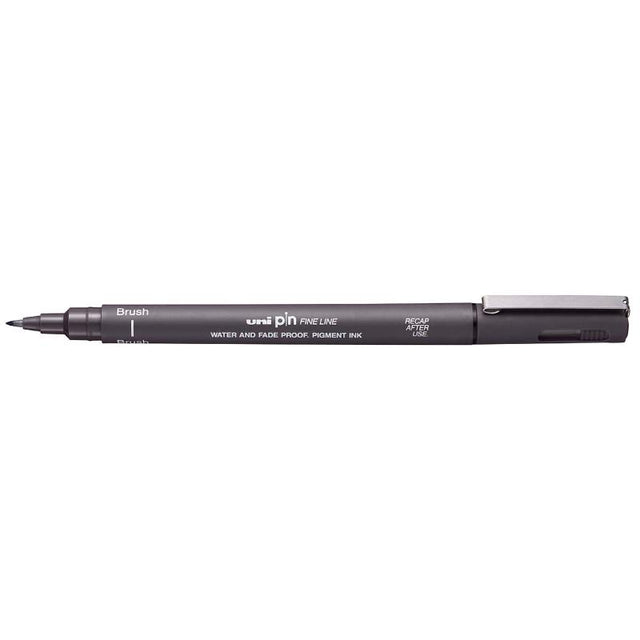 Uni Pin Fineline Permanent Brush Tip in Dark Grey, perfect for detailed art, features waterproof, fade-proof ink and a smooth flow tip.