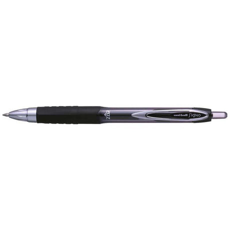 Uni-ball Signo 207 Retractable Gel Pen in black, features a 0.7mm nib, ergonomic grip, and scratch-free writing.