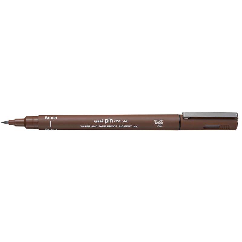 Uni Pin Fineline brush pen in sepia, featuring a smooth brush tip, waterproof ink, ideal for detailed artwork and journaling.