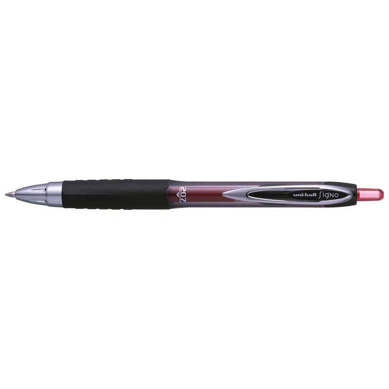 Uni-ball Signo 207 Retractable Gel Pen in red, featuring a 0.7mm nib, ergonomic grip, and quick-drying ink for smooth writing.