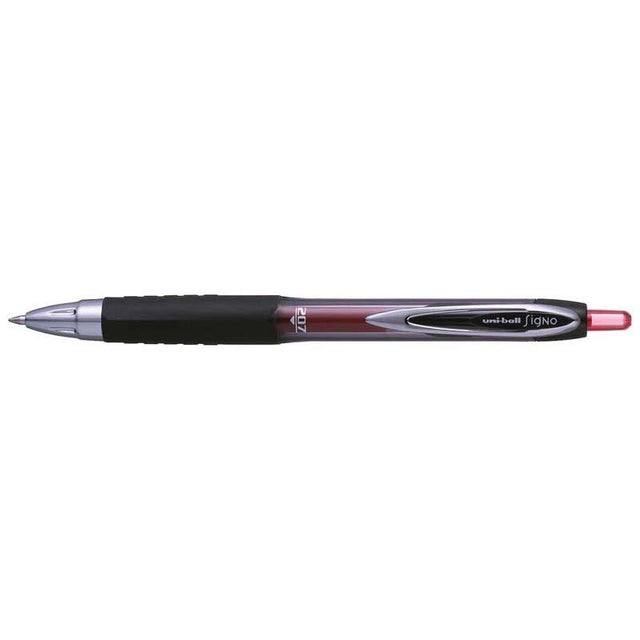 Uni-ball Signo 207 Retractable Gel Pen in red, featuring a 0.7mm nib, ergonomic grip, and quick-drying ink for smooth writing.