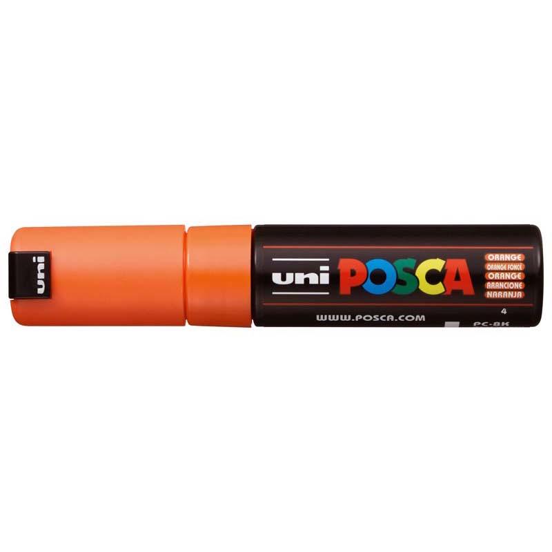 Bright orange Uni Posca 8.0mm bold chisel marker, ideal for versatile art, crafts, and smooth application on various surfaces.