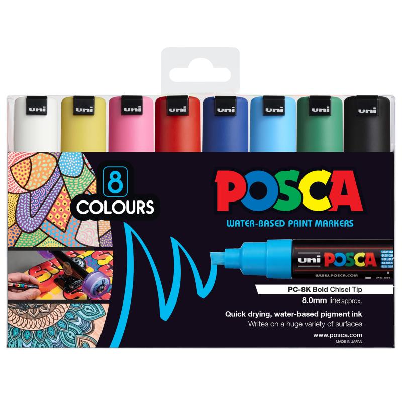 Uni Posca Marker 8 Pack features vibrant 8.0mm chisel tip paint markers for versatile art on various surfaces.