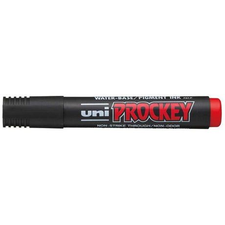 Uni Prockey Marker in vibrant red with a 1.2mm bullet tip, perfect for writing, drawing, and highlighting without bleed-through.