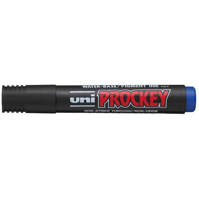 Blue Uni Prockey Marker with a 5.7mm chisel tip, ideal for versatile creative projects without bleed-through or odor.