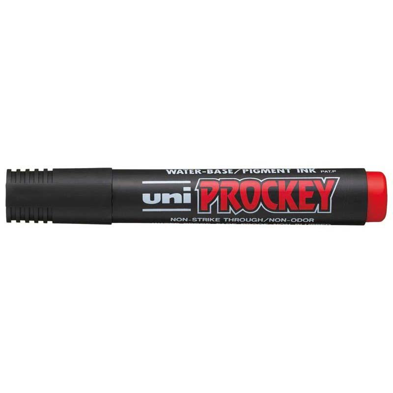 Uni Prockey Marker in red with a 5.7mm chisel tip, ideal for vibrant, precise marking without bleed-through.