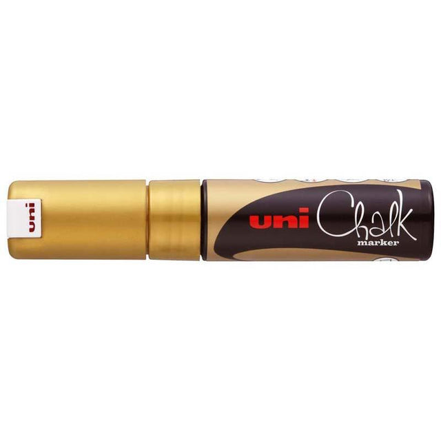 Gold Uni Chalk Marker with 8.0mm chisel tip for vibrant designs on non-porous surfaces, easily wipe-cleanable.