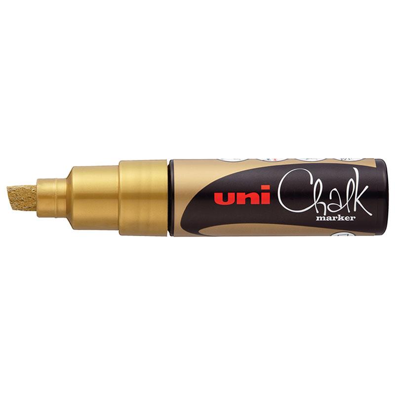 Gold Uni Chalk Marker with 8mm chisel tip, ideal for writing and decorating on non-porous surfaces like windows and metal.