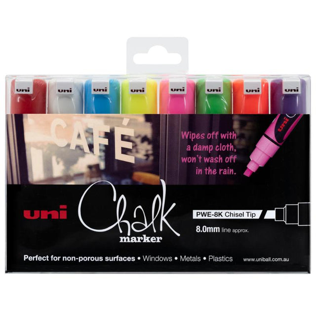 Assorted Uni Chalk Markers in 8mm chisel tip, ideal for vibrant art on non-porous surfaces like chalkboards and glass.