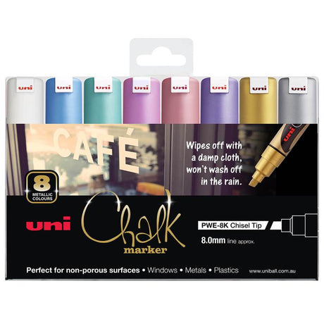 Set of 8 Uni Chalk Markers with 8.0mm chisel tip for vibrant metallic markings on various surfaces, easy to clean and permanent on chalkboards.