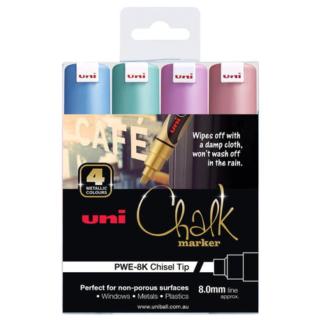 Metallic Uni Chalk Markers 8.0mm chisel tip pack for vibrant, erasable art on various surfaces, ideal for crafts and signage.