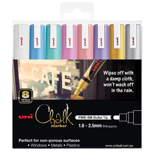 Uni Chalk Marker 8 Pack featuring metallic colors and a versatile 1.8-2.5mm bullet tip for vibrant, easy-to-remove designs.