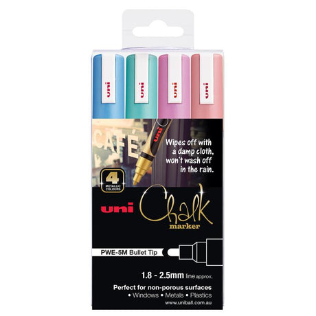 Four metallic Uni Chalk Markers with bullet tips, perfect for vibrant artwork and signage on various non-porous surfaces.