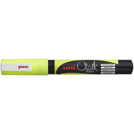 Fluoro Yellow Uni Chalk Marker with a 0.9-1.3mm bullet tip, perfect for vibrant, rain-proof markings on various surfaces.