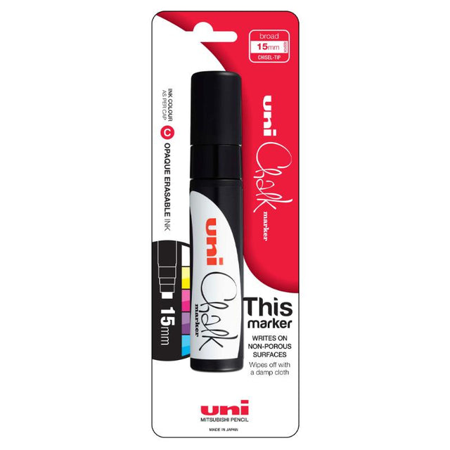 Black Uni Chalk Marker with a 15mm chisel tip, ideal for creating vibrant designs on various surfaces, both indoors and outdoors.