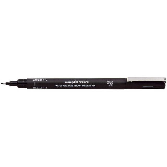 Black Uni Pin Fineline marker with a 1.0mm chisel tip, perfect for varied line widths and precision artwork.