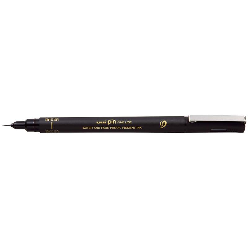 Uni Pin Fineline marker with ultra-fine brush tip, featuring permanent black ink for precise, versatile drawing and drafting.