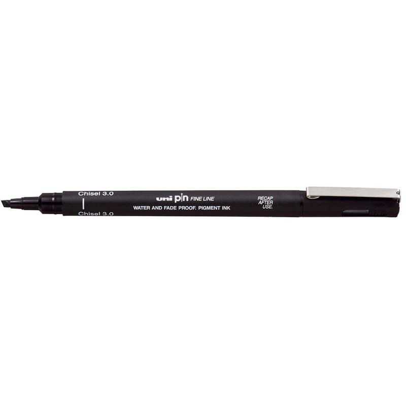 Chisel tip black marker with 0.3-3.0mm line widths, permanent and waterproof, perfect for precision drawing and illustrations.