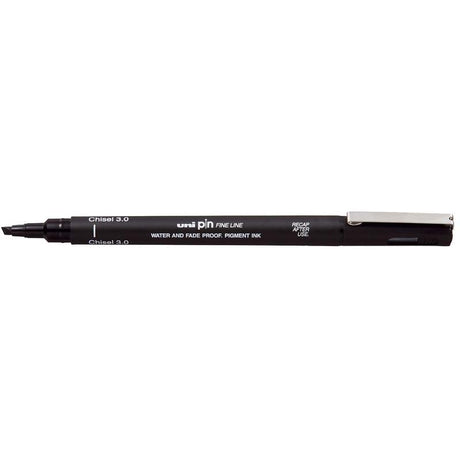 Chisel tip black marker with 0.3-3.0mm line widths, permanent and waterproof, perfect for precision drawing and illustrations.