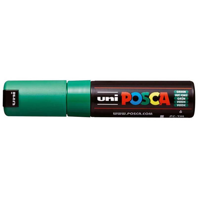 Vibrant green Uni Posca Marker with a bold bullet tip, perfect for artists and crafters on various surfaces.