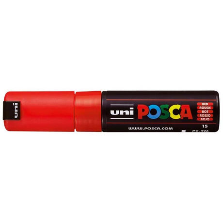 Uni Posca Marker in vibrant red with 4.5-5.5mm bold bullet tip, ideal for precise lines on various surfaces.