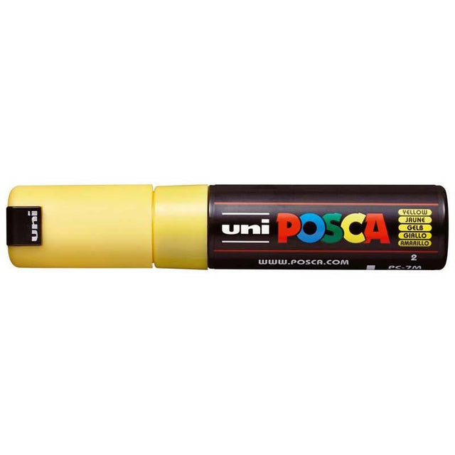 Vibrant yellow Uni Posca Marker PC-7M with a 4.5-5.5mm bullet tip for precise and bold artwork on various surfaces.