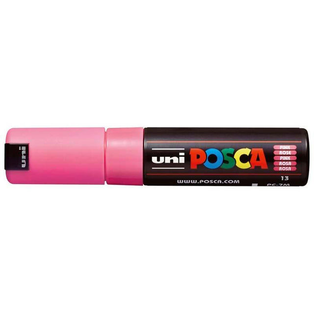 Pink Uni Posca Marker with 4.5-5.5mm bold bullet tip, ideal for vibrant artwork on various surfaces.